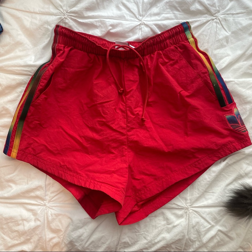 Adidas retro red rainbow high waisted athletic shorts